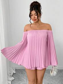 Elenzga 两件套加大码女式3D褶皱露肩喇叭袖A字衬衫，粉色浪漫情人节春夏约会、女友聚会、休闲家居服，性感 - 粉色 - 查看 3