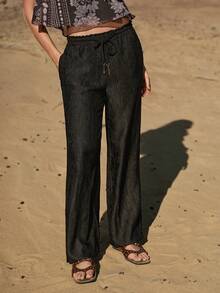 MOTF STUDIO 女士弹力腰带抽绳波西米亚风长裤，春夏款 - 黑色 - 查看 5