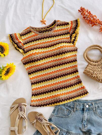 Soleia Summer Vacation Casual Striped Flutter Sleeve Top