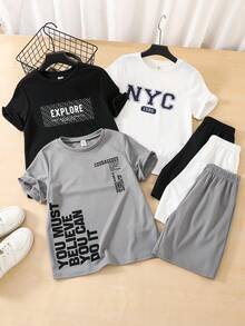 SHEIN 6件套男童休闲宽松字母印花圆领T恤短裤套装，适合通勤、上学、日常休闲、运动、春夏穿着 - 彩色 - 查看 4