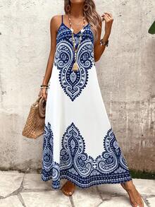 EMERY ROSE Women's Blue & White Bohemian Print Deep V-Neck Backless Loose A-Line Casual Dress, Chic Elegant Minimalist French Vintage Romantic Suitable For Daily, Commute, Beach Vacation, Spring/Summer Sleeveless Maxi Dress - Multicolor - View 5