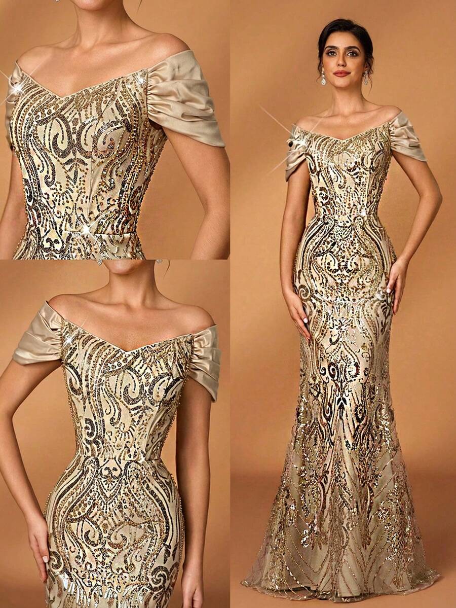 Serin Elegant Luxurious Pearl Beaded, Sequin Embroidered Off Shoulder Sleeve Satin Mermaid Dress, Suitable For Weddings, Parties, Vacations, Galas, Holidays, Bride & Mother Of The Bride Evening Gowns - Champagne - View 1