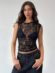 Aloruh Black Lace Asymmetric Neck Sheer Top, Music Festival Party Blouse, Summer Women Clothing, Easter/Concert Music Festival Holiday - Black - View 6