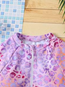 Teen Girls' Casual Minimalist Iridescent Lavender Leopard Print One-Piece Swimsuit, Suitable For Casual, Vacation, Surfing In Summer - Multicolor - View 5