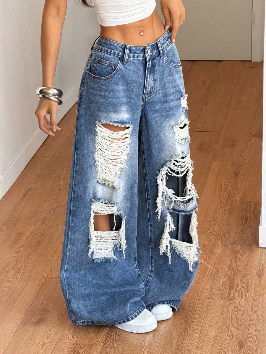 SHEIN ICON 女士休闲水洗做旧宽松阔腿牛仔裤 - 藍色 - 查看 1