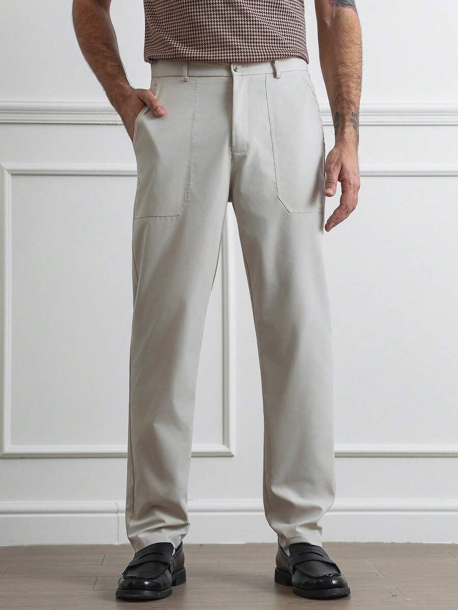 HUEFORM 男士复古直筒休闲裤，大口袋设计，宽松舒适，适合通勤穿着。抗皱面料，穿着或洗涤后迅速恢复平整，减少熨烫次数。男士直筒裤，男士卡其裤 - 卡其色 - 查看 1