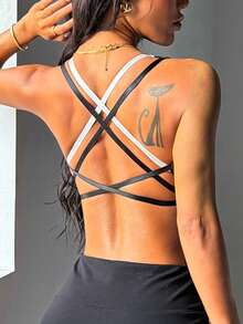 Dewbera Dewbera Women's Black And White Sports Bra,Summer Athleisure Gym Wear With V-Neck Contrast Trim,Front Ruched Neckline,Criss-Cross Back Straps,Removable Pads - Multicolor - View 1