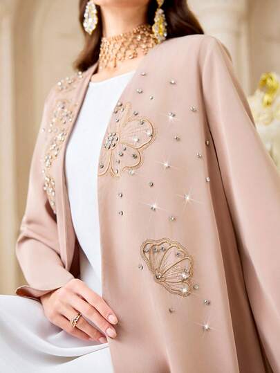 Al Najma Women's Solid Color Long Sleeve Pearl Decor Elegant Loose Long Arabic Abaya Robe