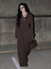 AfricaSnchz 女士缺角领夹克和裤子通勤日常基本款商务套装秋冬 - 咖啡棕 - 查看 1