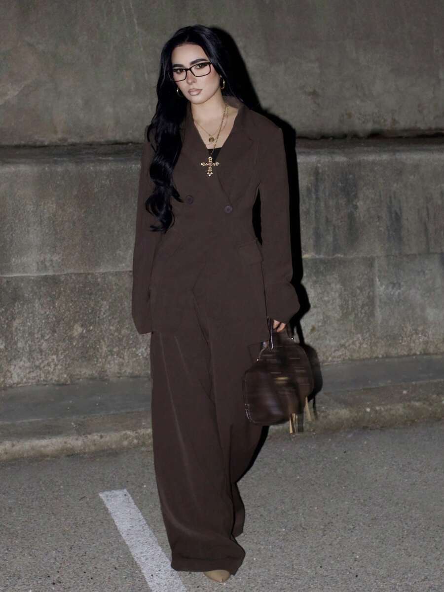 AfricaSnchz 女士缺角领夹克和裤子通勤日常基本款商务套装秋冬 - 咖啡棕 - 查看 1