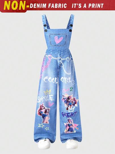 SHEIN Explorewe Tween Girls' Knit Star Print Overalls, Fashionable For Back To School, Personalized Outfit, Suitable For Spring, Summer, Autumn Girl Overalls Jumpsuits Girls