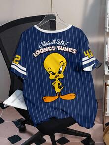 LOONEY TUNES X SHEIN 大码条纹字母卡通图案圆领短袖T恤 - 白色 - 查看 2