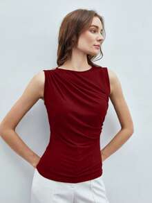 MOTF PREMIUM WOMEN'S SOLID RUCHED SLIM FIT TANK TOP - Red - View 5