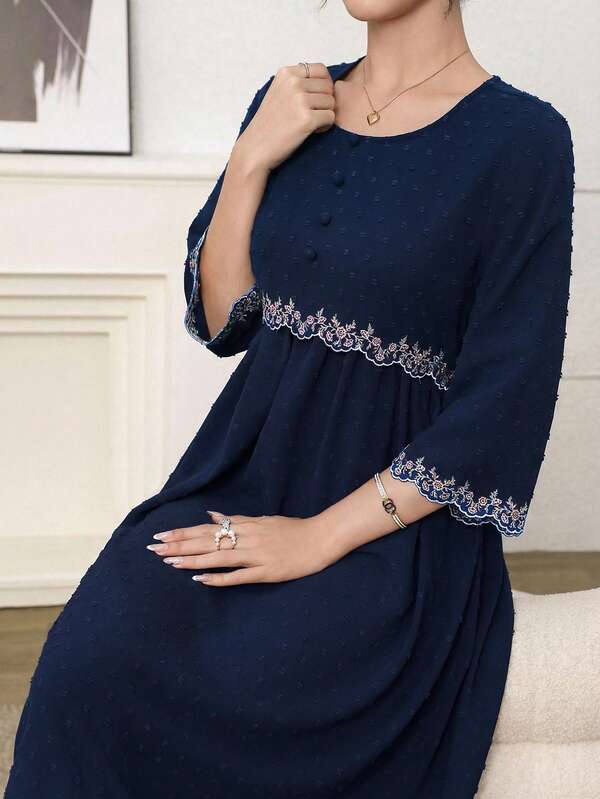 Yasmyna Embroidered & Cutout Fabric Women's Arabic Style Dress Dresses For Women Modest Navy Blue