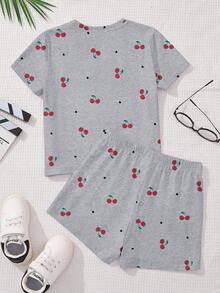 可爱迷你爱心樱桃印花，少女休闲简约短袖短裤两件套，适合夏季、返校季、2000年代风格、韩版风格、秋季、返校节、冬季、朋克风、条纹、舒适休闲、时尚童装、嬉皮风音乐节、BM、复古甜美美式高中风格 - 彩色 - 查看 3