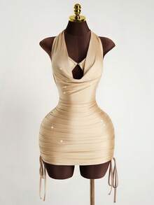 SaltGleam SaltGleam Women's Fashion Halter Tie-Up Gold Party Festival Elegant Charming Backless Hollow Young Sexy Clubwear Vacation Turtleneck Plunge Neck Music Festival Drawstring Ruched Mini Dress - Apricot - View 3