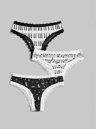 Goth 3 pezzi Set di biancheria intima taglie forti da donna con ferretto, note musicali e stampa di lettere in pizzo