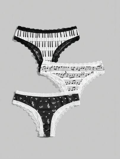 ROMWE Goth Set de 3 bragas de talla grande para mujer con aros, con estampado de notas musicales y letras de encaje