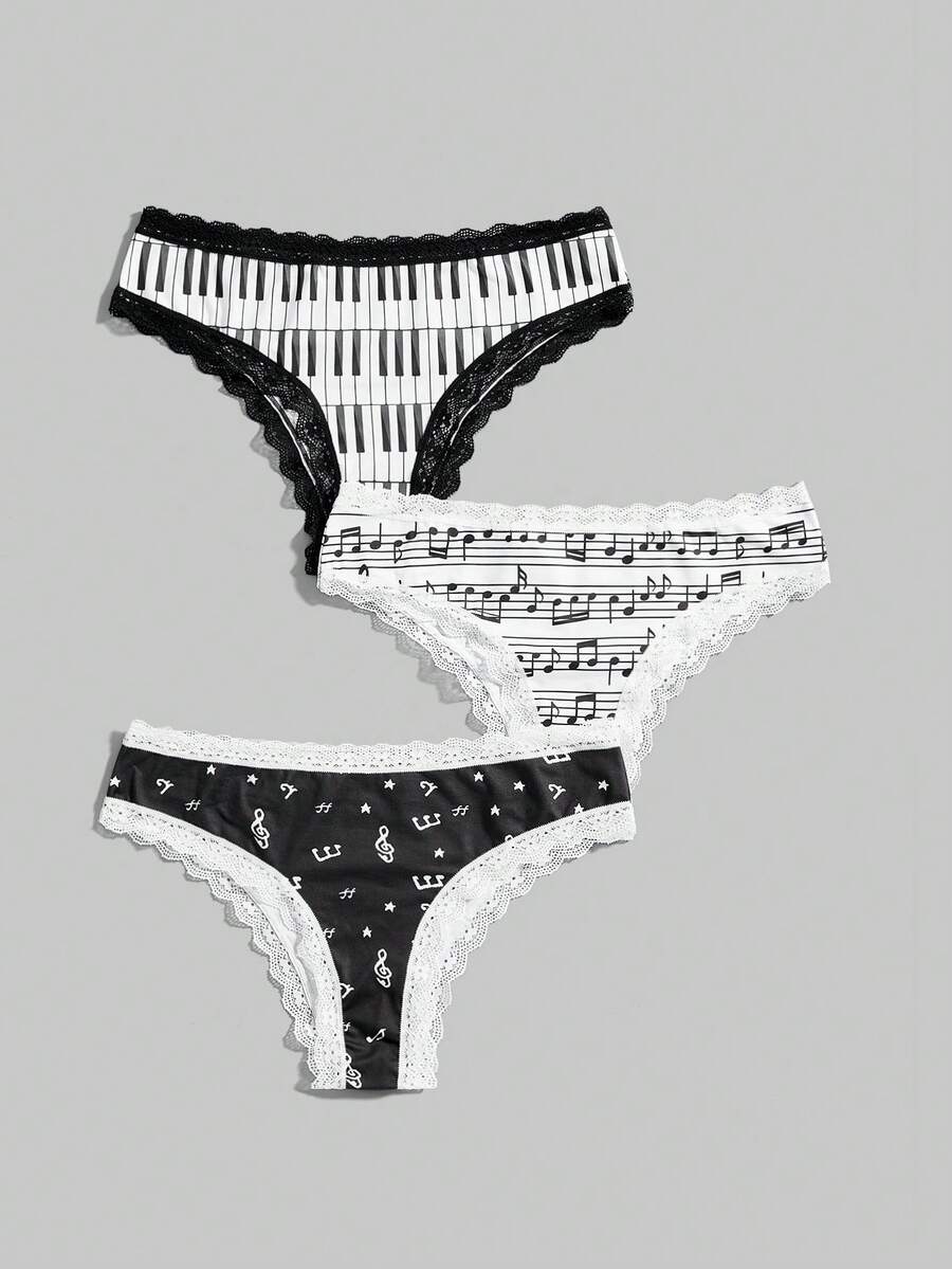 ROMWE Goth 3件套加大码女士钢圈、音符和字母蕾丝内裤套装 - 彩色 - 查看 1
