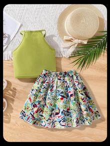 女童针织背心印花裙两件套，适合日常通勤、外出，可爱活泼 - 綠色 - 查看 2