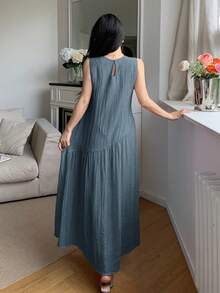 Feyla Vestido de verano casual, cómodo y holgado con diseño asimétrico sin mangas - Azul - Ver 6