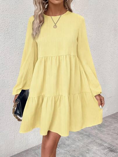 EMERY ROSE Rochie de damă cu mânecă lungă, casual, minimalistă, cu guler rotund, în culoarea unui singur material