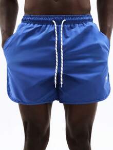 SUMWON Men Beach Swimming Shorts With Curved Hem And Palm Tree Logo Detail Summer Vacation Swim Trunks - Blue - View 8