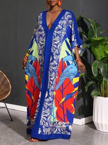 SHEIN CURVE+ Curve Size US22Music Festival, Seaside Vacation, BohemiaWomen's 2026 New Summer Mother's Day Music Festival Elegant Party Outdoor Color Loose Woven V-Neck Geometric Animal Pattern Women's Dress - Multicolor - View 5
