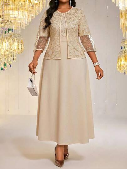 Fleurora Spring And Summer Autumn And Winter Elegant Modest Party Commuting Wedding Valentine's Day Cocktail Party Office Concert/Music Festival Khaki Knitted Sequins Scoop Neck Flared Contrast Sequin Midi Three Quarter Length Sleeve Plus Size Co-Ords Plus Size Elegant Minimalist Round Neck Short Sleeve Casual Waist Tie Dress With Cover Up 2-Piece Set Women's Summer Set Birthday Outfits For Women