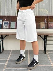 SHEIN EZwear Women's Casual Everyday Commute Simple Versatile Solid Color Pleated Loose Denim Capri Pants - White - View 4