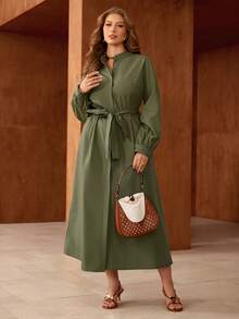 Roveilla 女士优雅法式束腰翻领长袖连衣裙，适合通勤、度假、浪漫下午茶等场合 - 軍綠色 - 查看 6