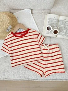 SHEIN LMoss Kids 2件套女婴针织条纹圆领T恤和短裤套装 - 彩色 - 查看 3