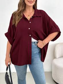 SHEIN Essnce 大码女装春夏时尚休闲宽松舒适日常百搭修身轻薄黑色纽扣衬衫，女士衬衫，工作上衣，教师衬衫，简约风格 - 酒紅色 - 查看 3