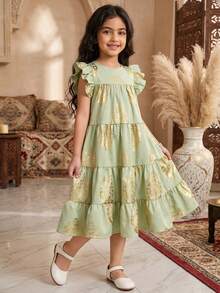 SHEIN Young Girl Ditsy Floral Round Neck Casual Light Green Dress - Green - View 5