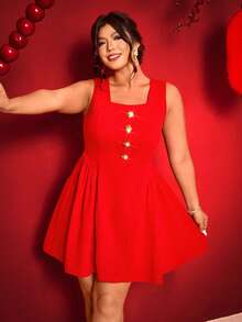 Cravure Women's Plus Size Christmas Red Mini Dress Elegant Square Neck Sleeveless Flared A Line Style - Red - View 5