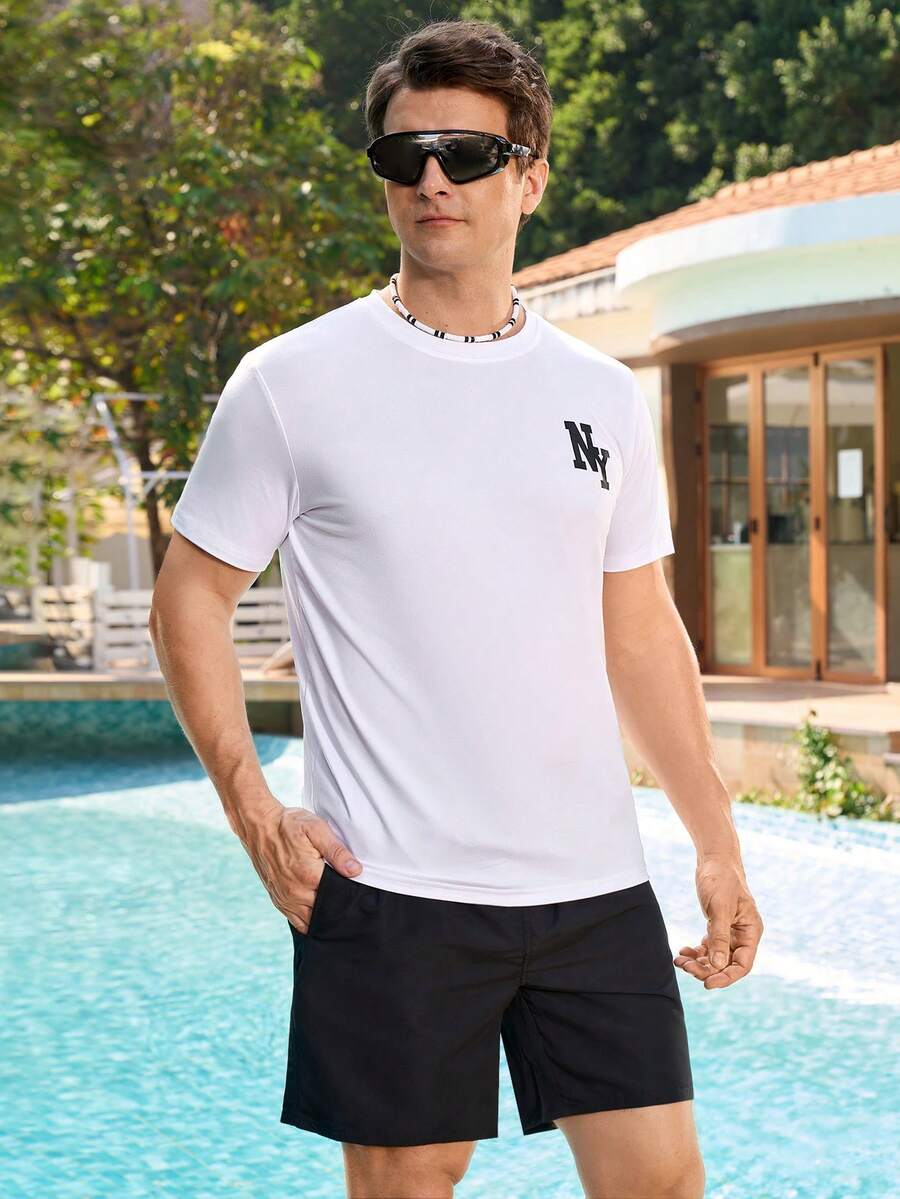 Manfinity Homme 男士字母印花圆领休闲夏季短袖T恤 - 白色 - 查看 1