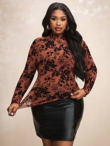 Truni Plus Size Floral Print Sheer Stand Collar Mesh Blouse (Bralette Not Included),Autumn Outfits For Women, Women's Clothing, For Pear Triangle Body Shape - Brown - View 4