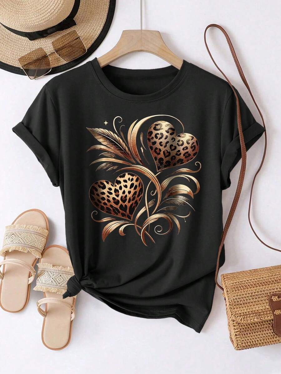 EMERY ROSE 大码女式休闲向日葵豹纹圆领短袖T恤 - 黑色 - 查看 1