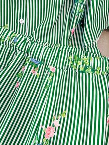 GlowEve CURVE 春夏秋季优雅通勤休闲时尚条纹花卉图案百搭舒适面料衬衫领七分袖上衣搭配松紧腰短裤两件套，蓝白配色，大码 - 綠色 - 查看 3