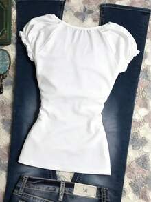 Resyla Women's Spring/Summer New White Embroidered Fitted Casual/Commute/Vacation Short Sleeve T-Shirt - White - View 2