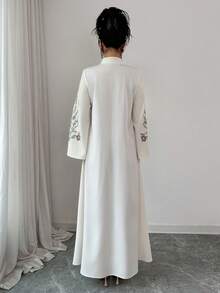 SHEIN Raffinéa 女士纯色印花优雅休闲旗袍领中式纽扣长袖宽松连衣裙，中东风格，端庄得体，可定制印花，春秋季，适合日常穿着 - 杏色 - 查看 3