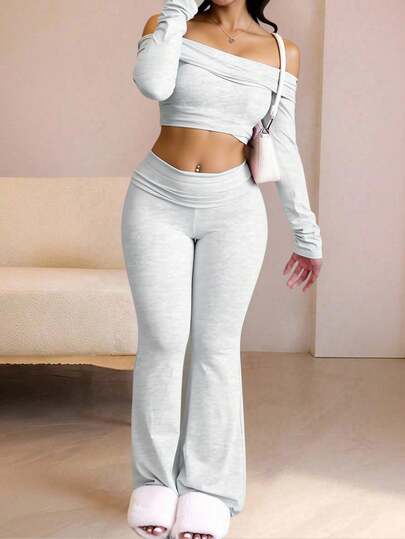 Conjunto de dos piezas para mujer: top corto de manga larga con hombros descubiertos y pantalón | Elegante y ajustado | Perfecto para citas, fiestas y salidas