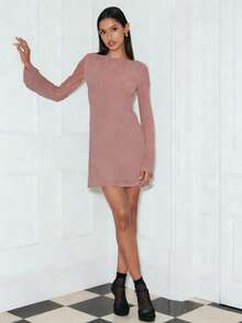 Nöista Women's Elegant Dusty Rose Autumn Dress,Sheer Long Sleeves,Fitted Silhouette,Subtle Glitter Fabric,Perfect For Brunch,Parties,Dinners&Celebrations - Dusty Pink - View 1
