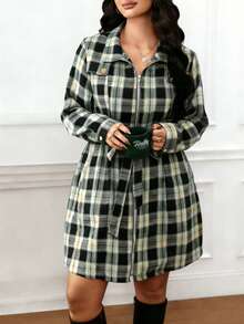 EMERY ROSE Plus Size Women's Casual Everyday/Work Commute Plaid Print Zip-Up Belted Dress, Spring/Autumn - Multicolor - View 5