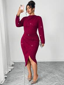 Cravure Plus Size Women's Metallic Shiny Textured Glitter Party Dress, Waist Cinched, High Slit Hem, Elegant & Sophisticated - Burgundy - View 5