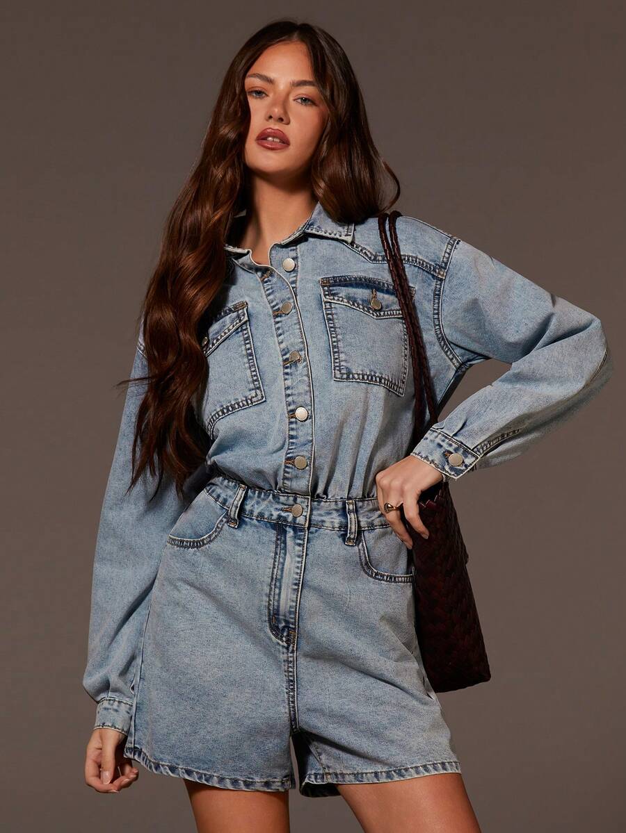 Athîral Women's Casual Everyday Commute Dropped Shoulder Loose Flap Pocket Denim Romper