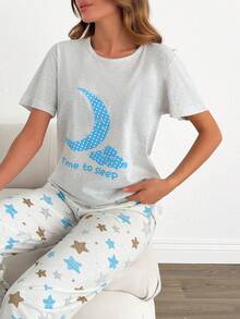 EURMUSE Cotton Line Women Good Night Printed Comfy 2Pcs Pajama Set Short Sleeve And Pants - Multicolor - View 4