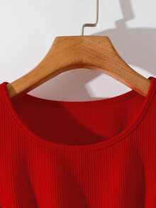 GlowEve Women's Red Knitted Textured Round Neck Cinched Waist Ruched Flared Design Elegant Niche Sense Luxury Shirt And Straight Leg Pants 2 Pieces Set, Spring/Summer - Red - View 7