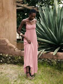 Maija 女士酒红色夏季度假连衣裙，简约无袖褶皱沙滩裙，适合温暖天气 - 粉色 - 查看 3