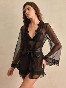 Charlaine 两件套黑色蕾丝拼接深V收腰连衣裙+睡袍，优雅精致浪漫法式睡衣套装 - 黑色 - 查看 4